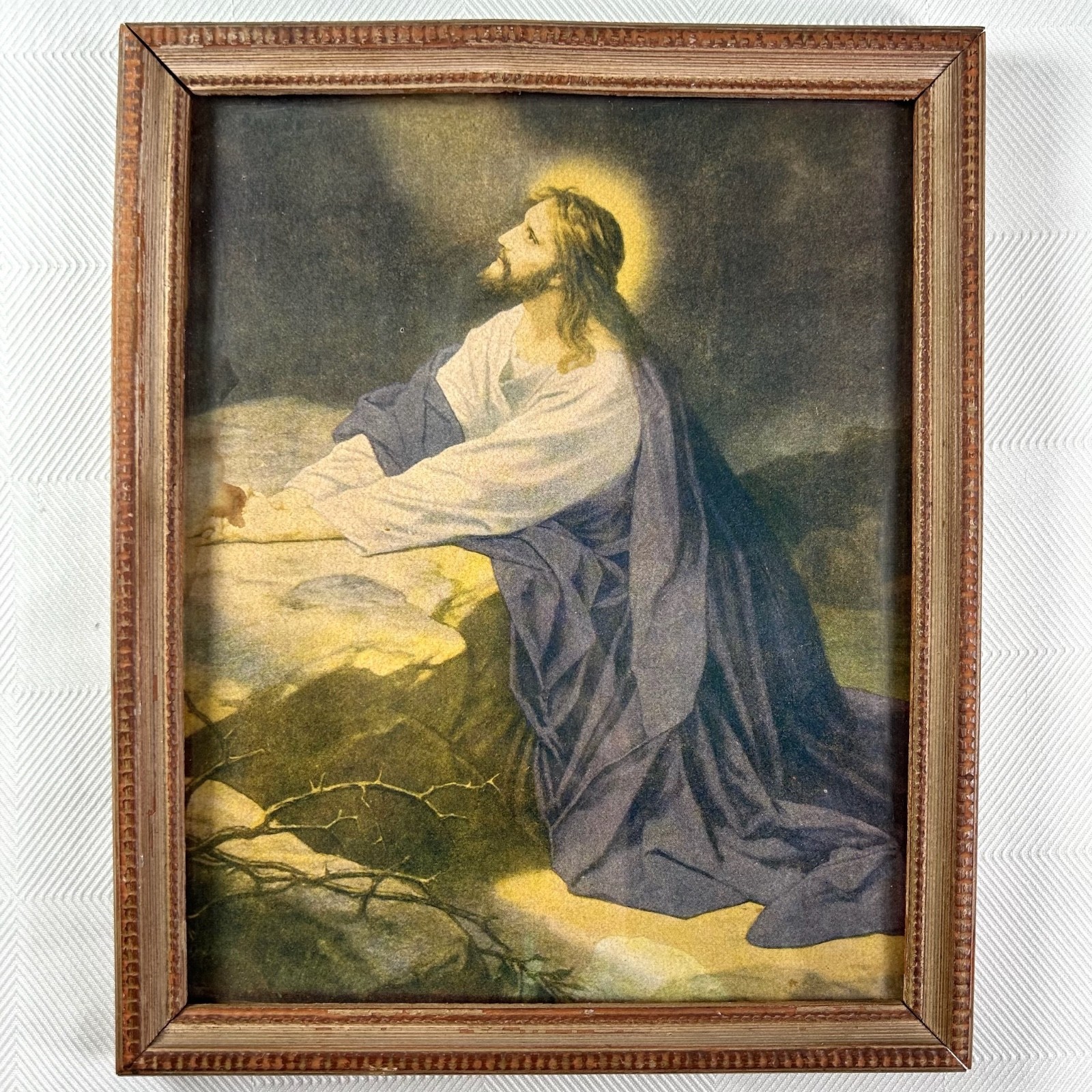 VTG Jesus Christ in the Garden of Gethsemane Print w/Primitive Frame 9.5"x 11.5"