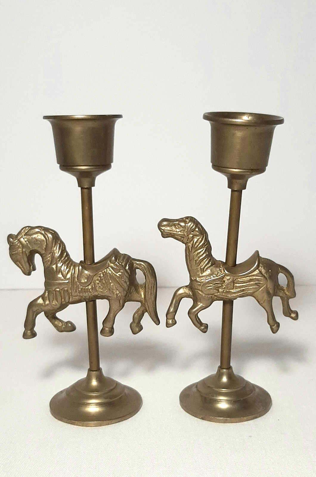Pair of Vintage Solid Brass Carousel Horses Candle Stick Holders 5" Pair of Vintage Solid Brass Carousel Horses Candle Stick Holders 5"