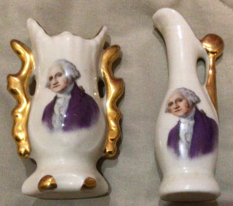 VtgGeorge Washington Gold Trimmed Porcelain 3.5" Toothpick Holder& Creamer