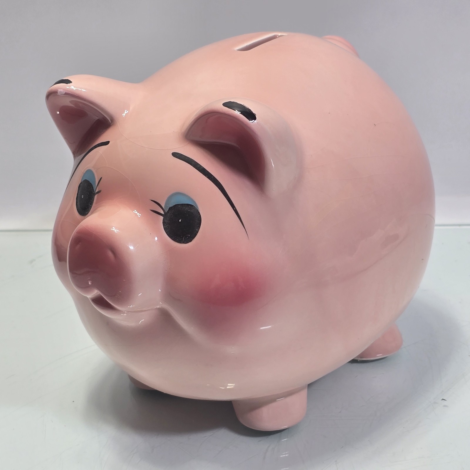 Vintage Mid Century Pink Ceramic Piggy Bank Blue Eyes 8" Retro Kitsch MCM