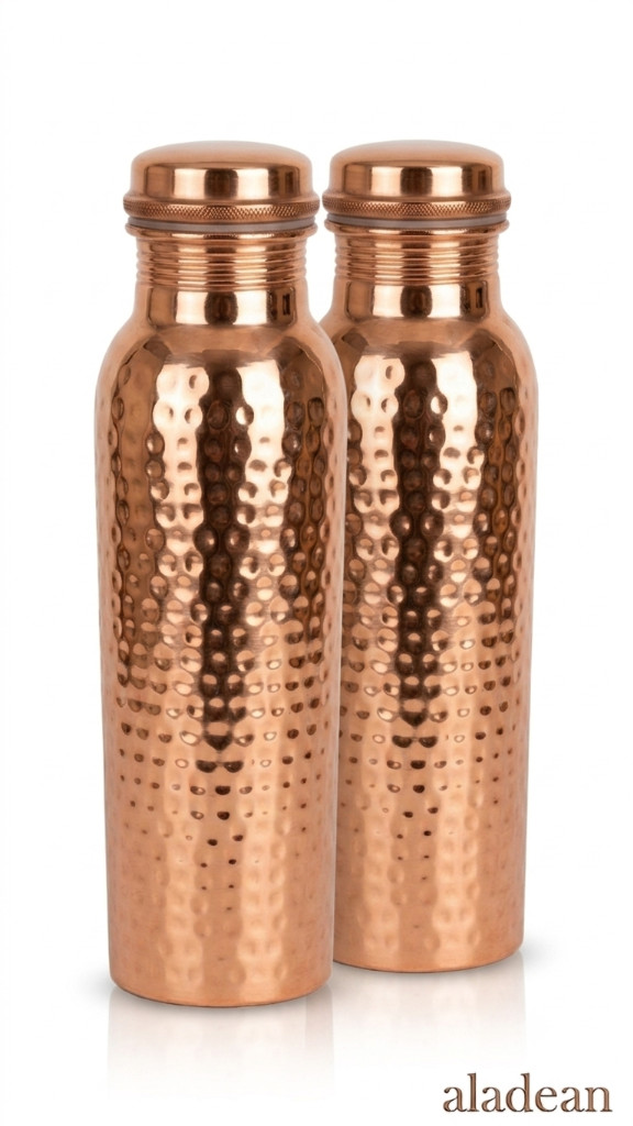 Aladean Set of 2 Pure Copper Water Bottles Hammered Wellness Flask Aladean Set of 2 Pure Copper Water Bottles Hammered Wellness Flask