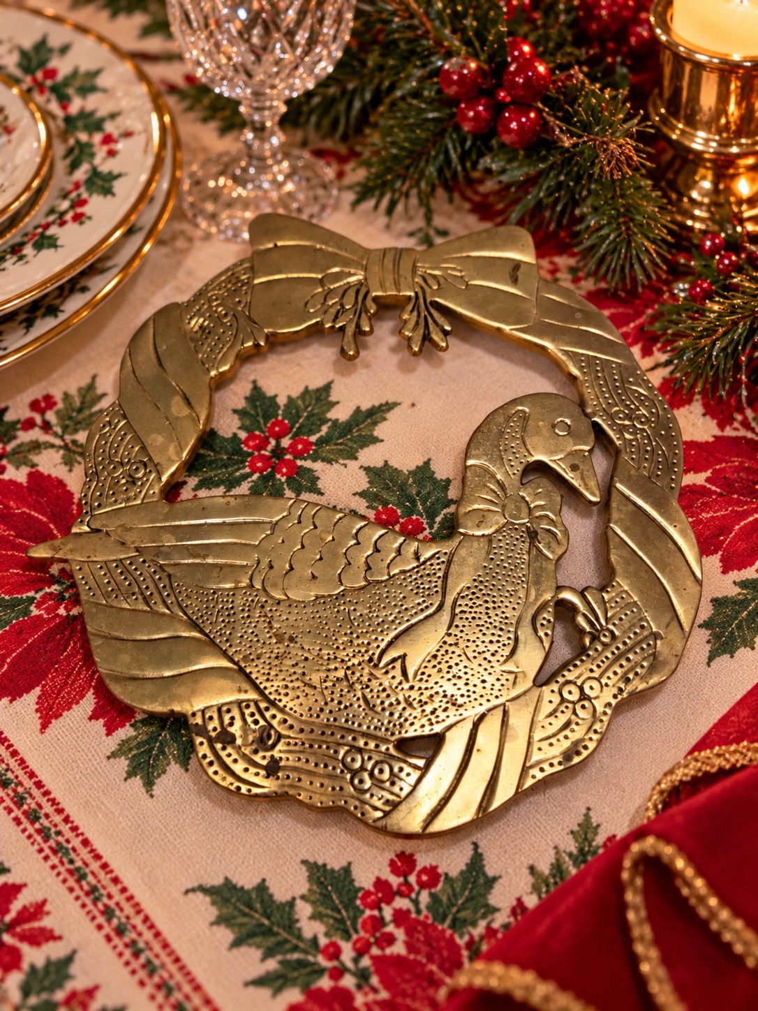 Vintage Brass Goose Trivet – Decorative Bow Accent Vintage Brass Goose Trivet – Decorative Bow Accent