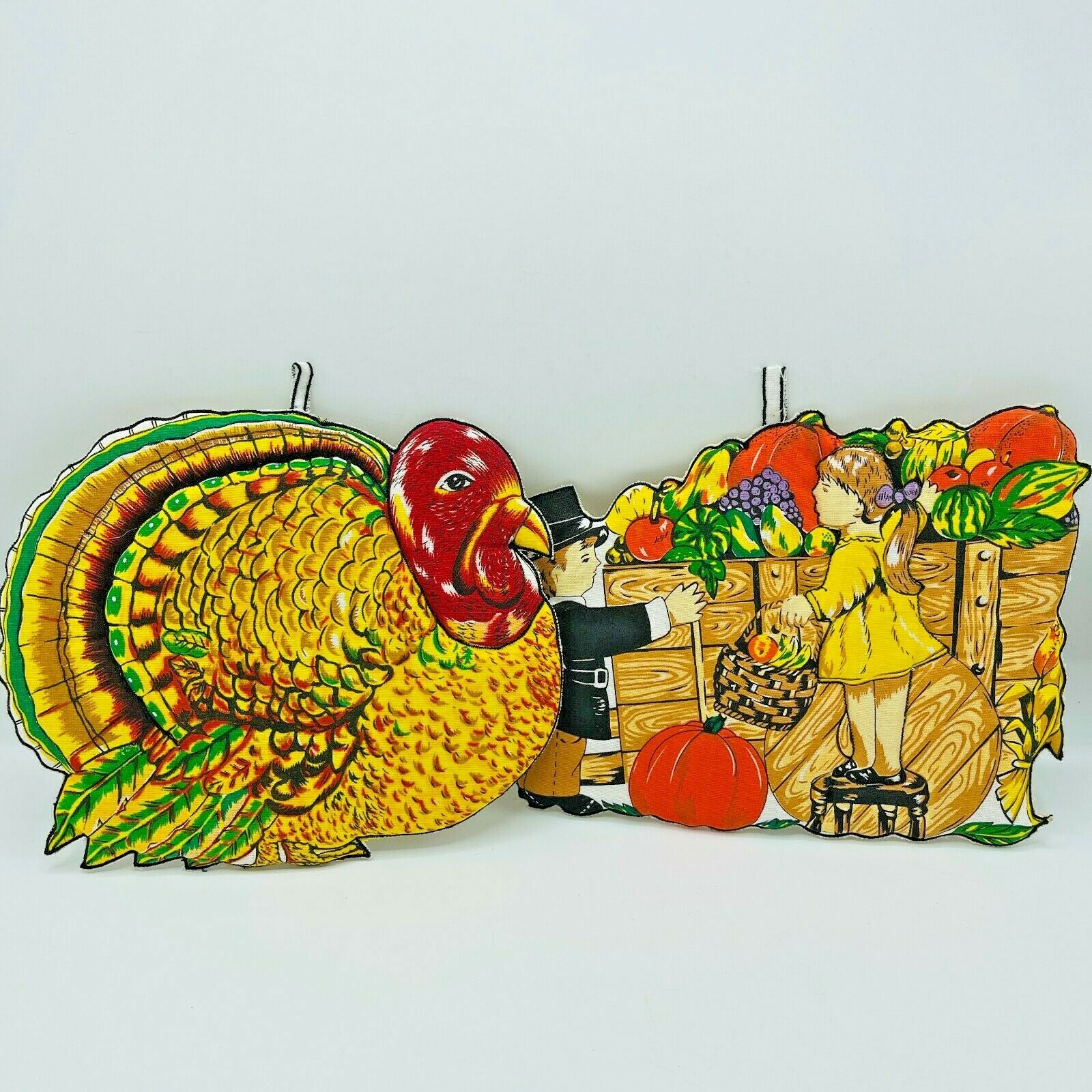 1989 YDC Thanksgiving Turkey & Pilgrims Wheelbarrow Pot Holders 1989 YDC Thanksgiving Turkey & Pilgrims Wheelbarrow Pot Holders