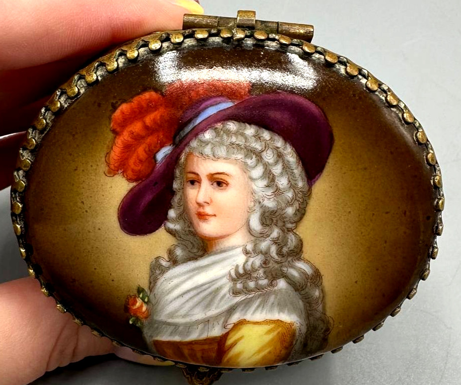 Antique French Ormolu Trinket Box Hand Painted Porcelain Portrait Basketweave