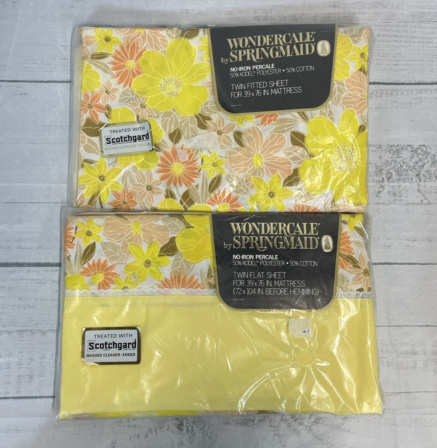 Vintage Wondercale Springmaid 2pc Sheet Set French Flowers Yellow Flat Fitted Vintage Wondercale Springmaid 2pc Sheet Set French Flowers Yellow Flat Fitted
