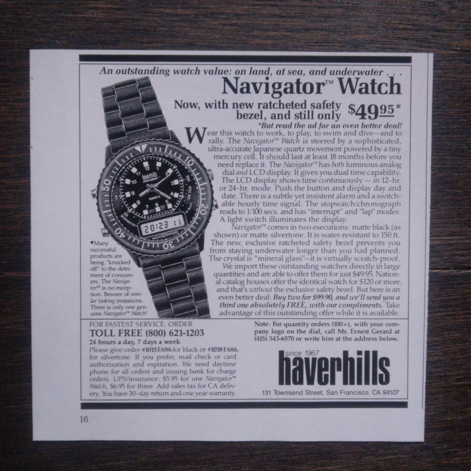 1988 Vtg Print Ad Haverhills The Navigator Watch Townsend St San Francisco CA 1988 Vtg Print Ad Haverhills The Navigator Watch Townsend St San Francisco CA