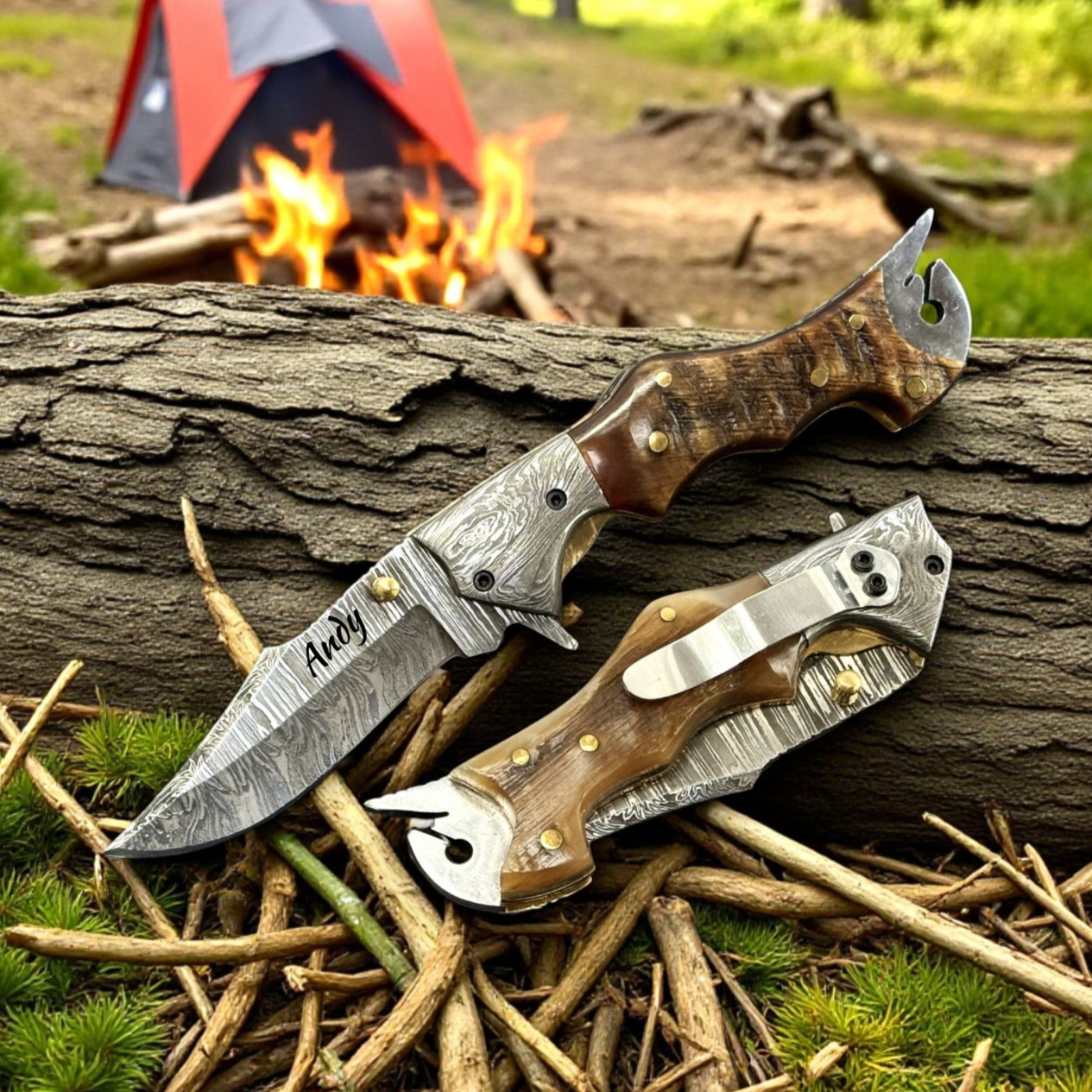 Personalized Ram Horn Handle Damascus Steel Pocket Folding Knife Belt Clip
