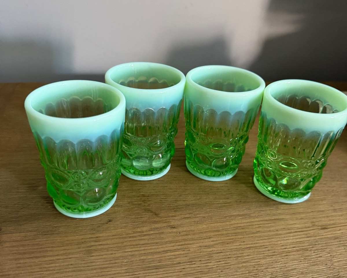 4 Pc Mosser Cherry Cable Opalescent Green Tumblers Glass 6.5 oz Set of 4 USA 4 Pc Mosser Cherry Cable Opalescent Green Tumblers Glass 6.5 oz Set of 4 USA