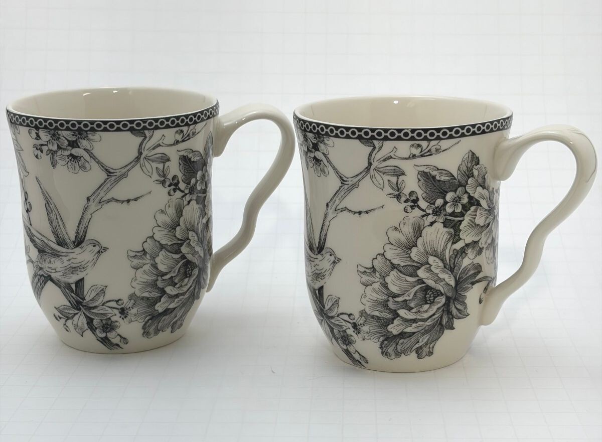 222 Fifth Black and White Floral Bird Pattern Ceramic Mugs Set of 2 222 Fifth Black and White Floral Bird Pattern Ceramic Mugs Set of 2