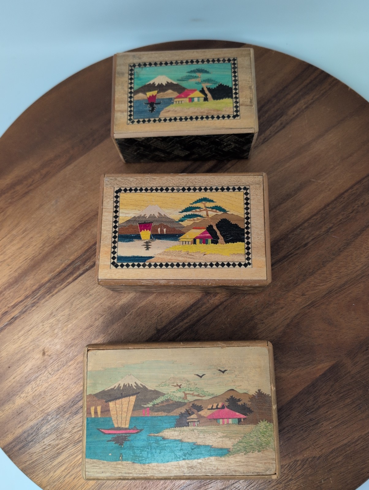 Vintage Japanese Secret Puzzle Box Set of 3 Yosegi Mt Fuji Inlay Himitsu Bako Vintage Japanese Secret Puzzle Box Set of 3 Yosegi Mt Fuji Inlay Himitsu Bako