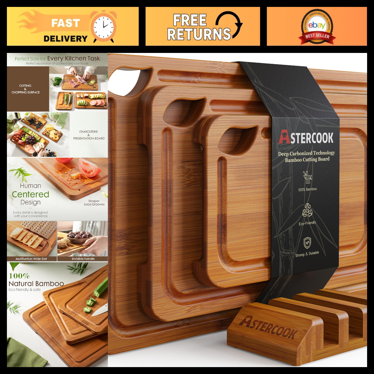 Astercook Deep-Carbonized Bamboo Cutting Boards for Kitchen with Wood Storage St Astercook Deep-Carbonized Bamboo Cutting Boards for Kitchen with Wood Storage St