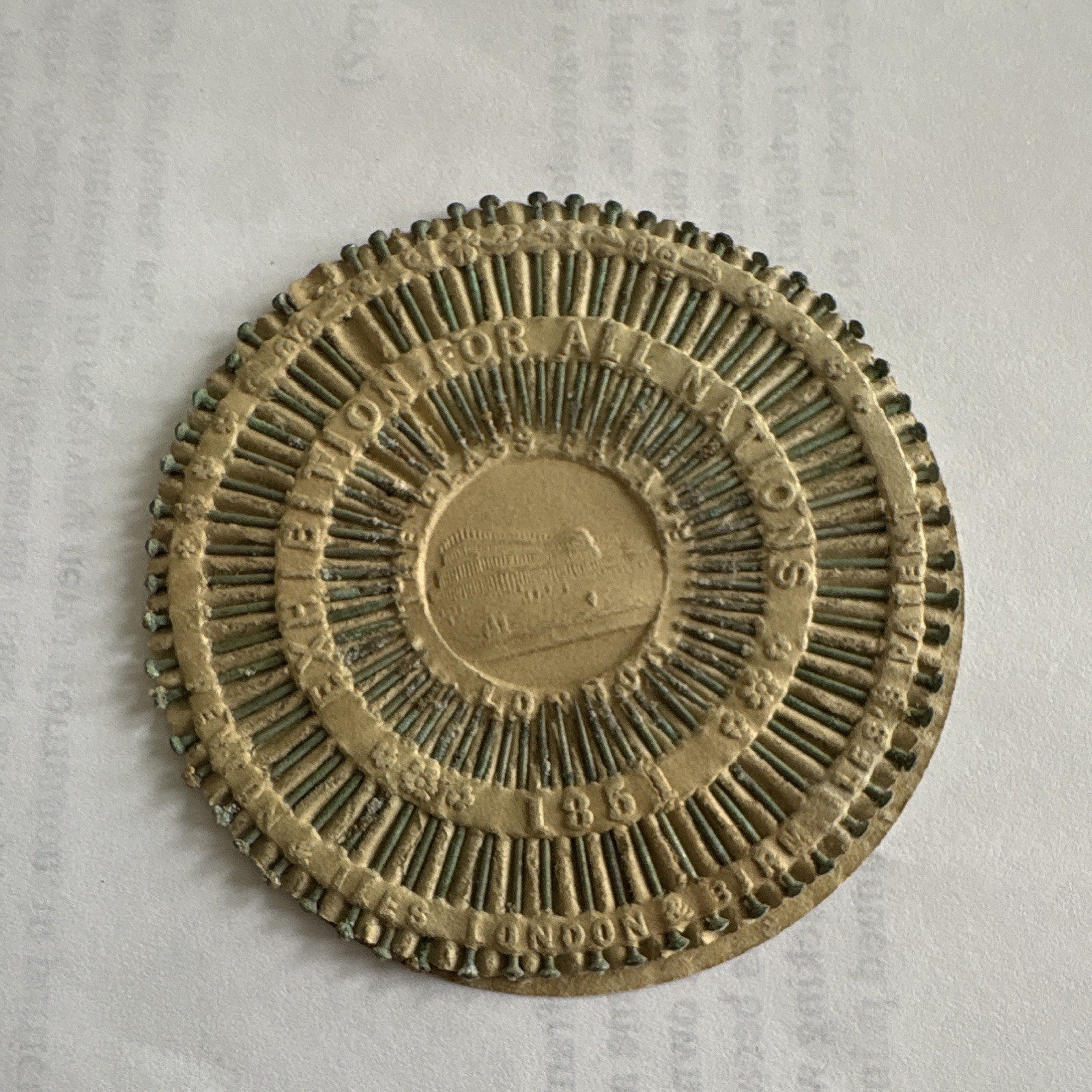 Rare 1851 Great Exhibition pin wheel embossed image Crystal Palace in London. Rare 1851 Great Exhibition pin wheel embossed image Crystal Palace in London.