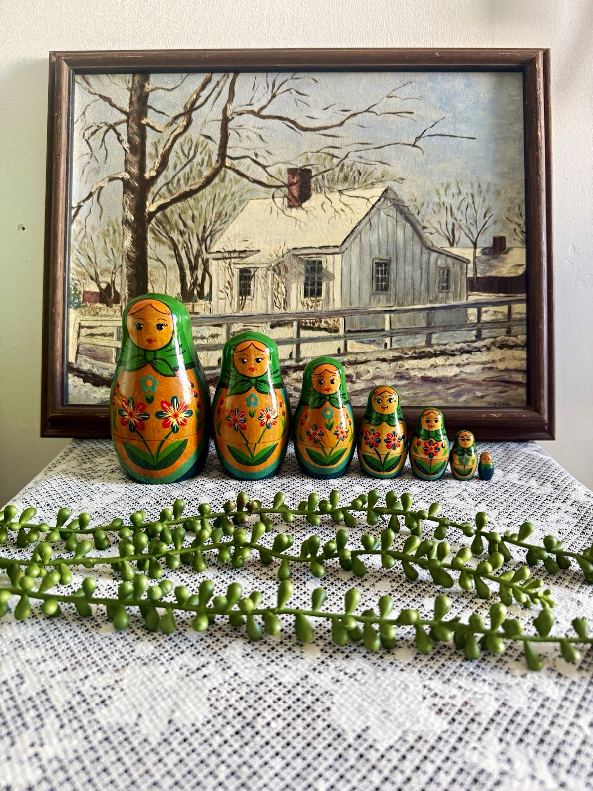 Vintage Matryoshka Nesting Dolls Set 7 pcs Green Orange Floral Made in USSR Vintage Matryoshka Nesting Dolls Set 7 pcs Green Orange Floral Made in USSR