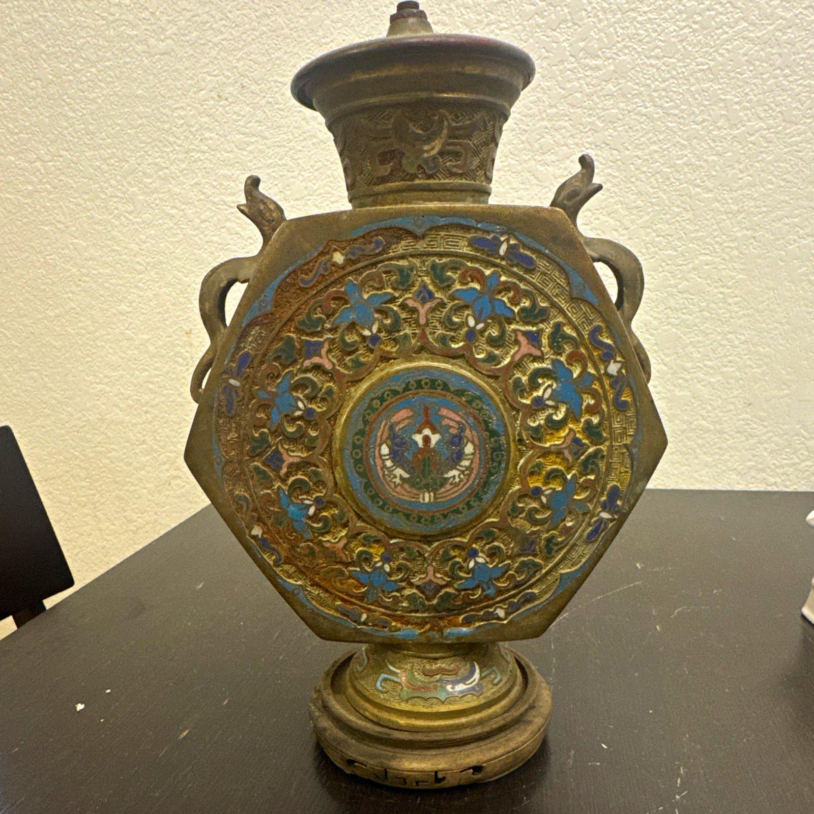 ANTIQUE JAPANESE CHAMPLEVE CLOISONNÉ MOON FLASK VASE DRAGON HANDLES 14.5 height