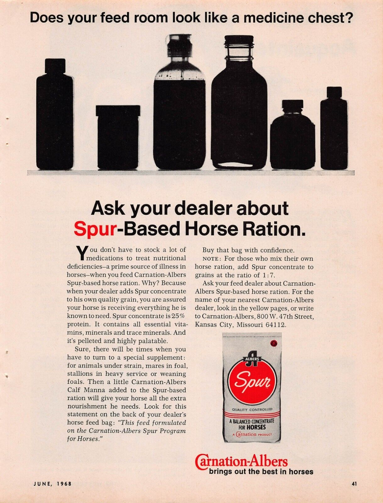 Carnation Albers Spur Horse Feed Ration Advertising Vtg Magazine Print Ad 1968