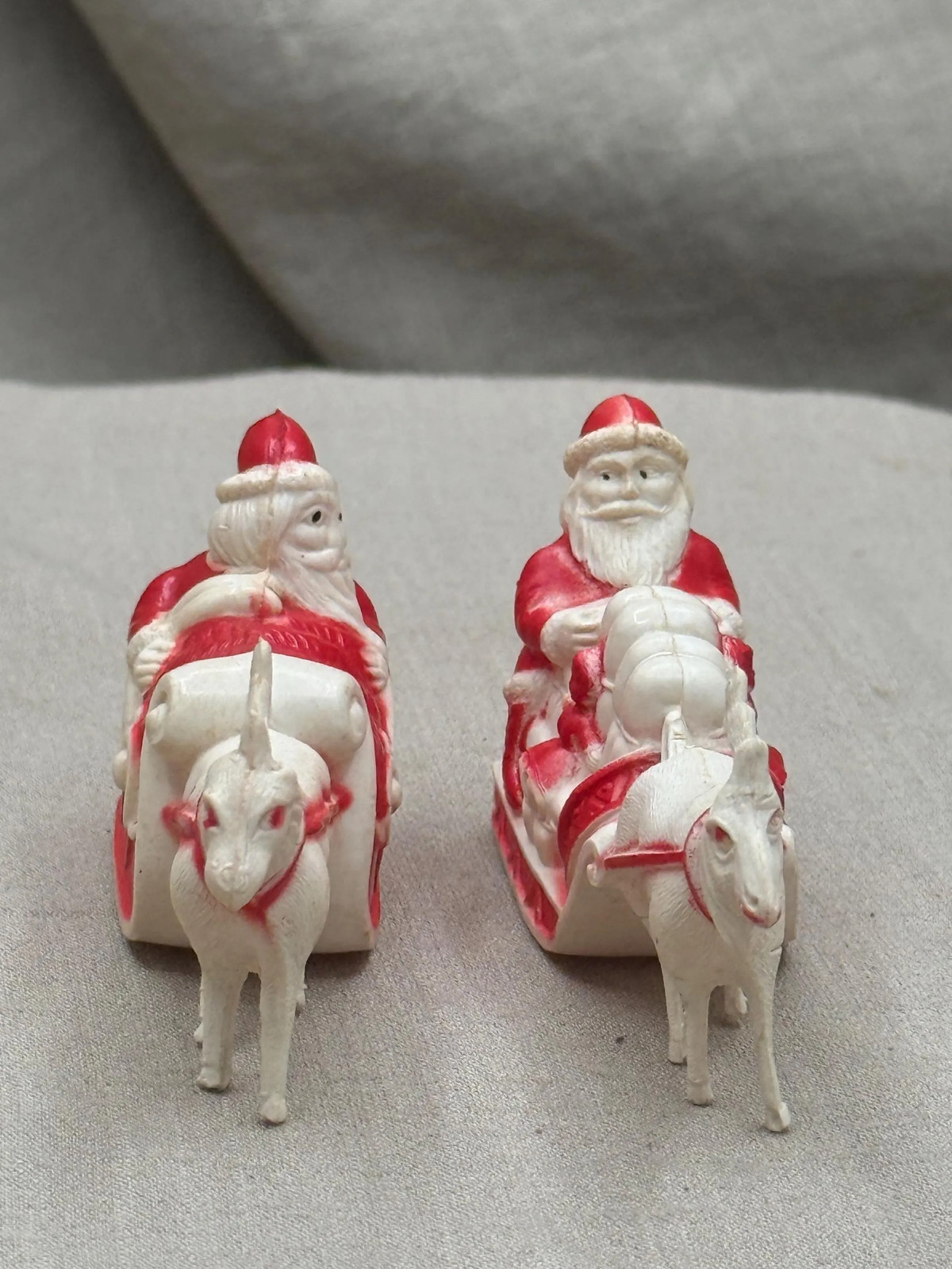 Pair Mid Century Hard Plastic Santa Sleigh Reindeer Cake Toppers Christmas