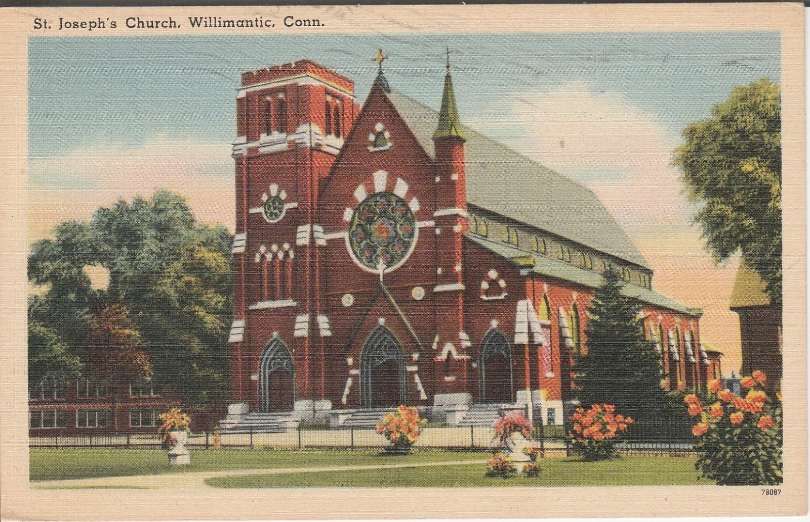 Willimantic CT postcard - St. Joseph's Catholic Church - PM 1950 Willimantic CT postcard - St. Joseph's Catholic Church - PM 1950