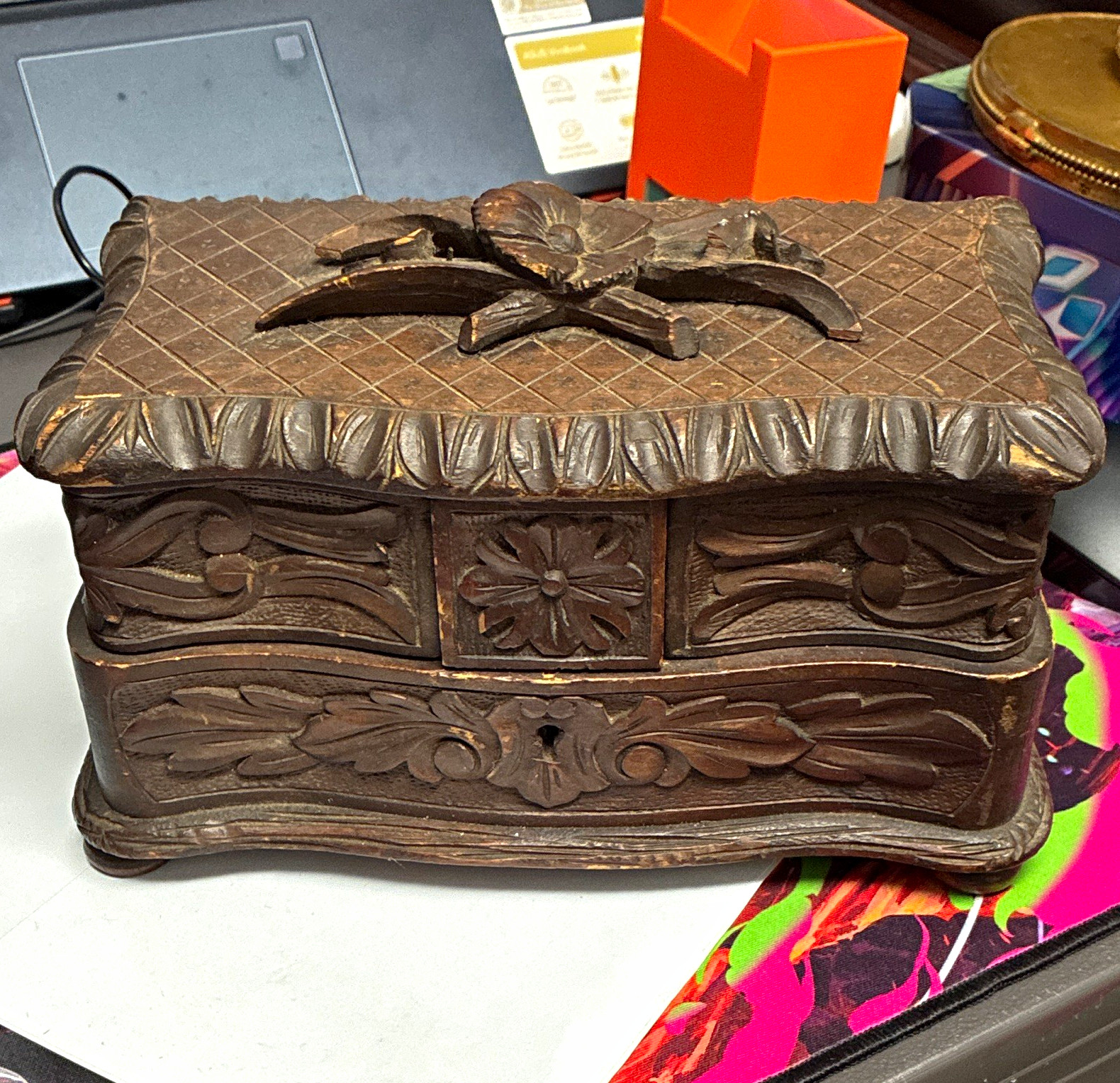 Antique Black Forest Hand Carved Wood Jewelry Box