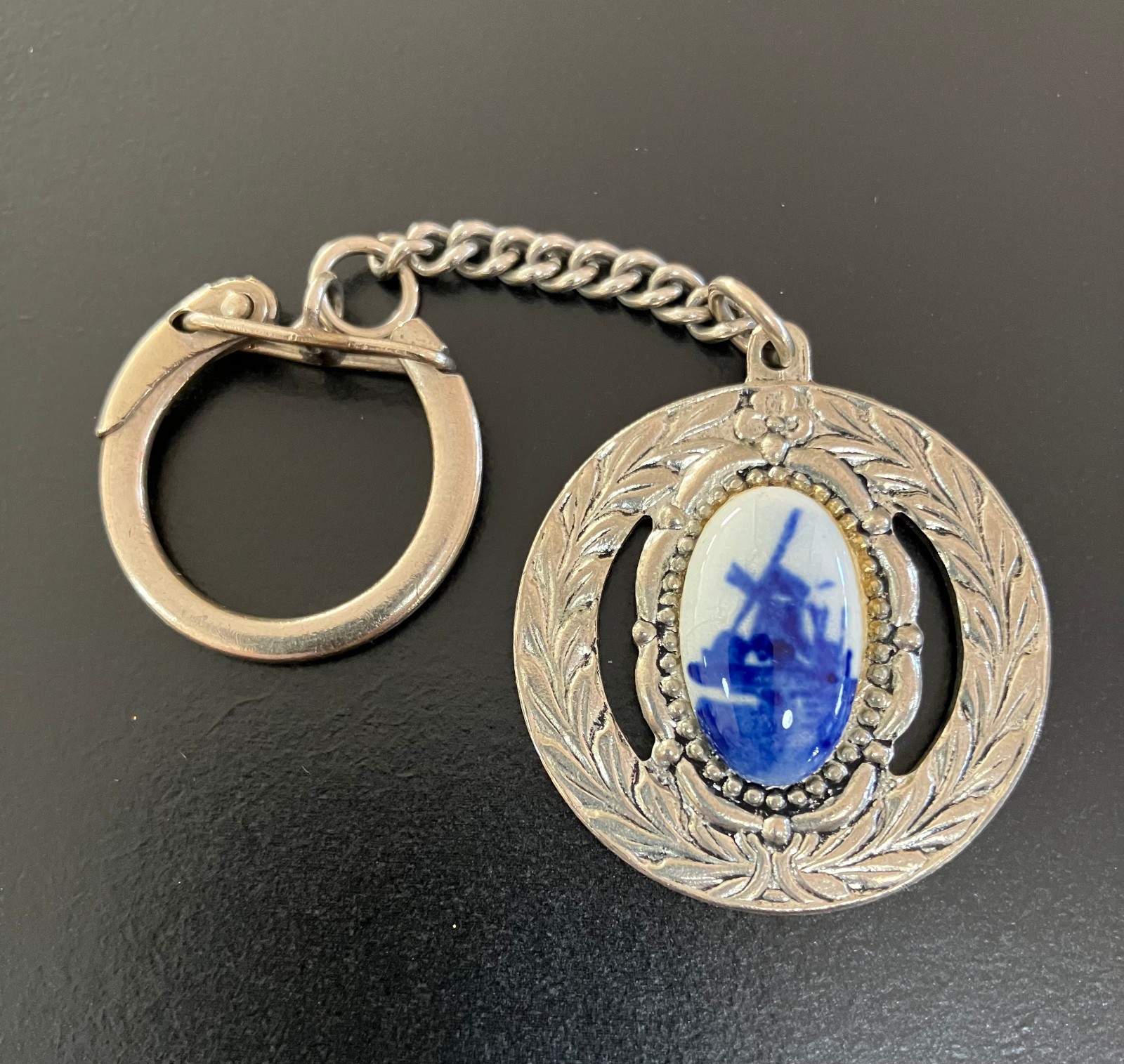 Vintage Delft Blue Handpainted Holland Windmill Porcelain Cabochon Inlay Keyring