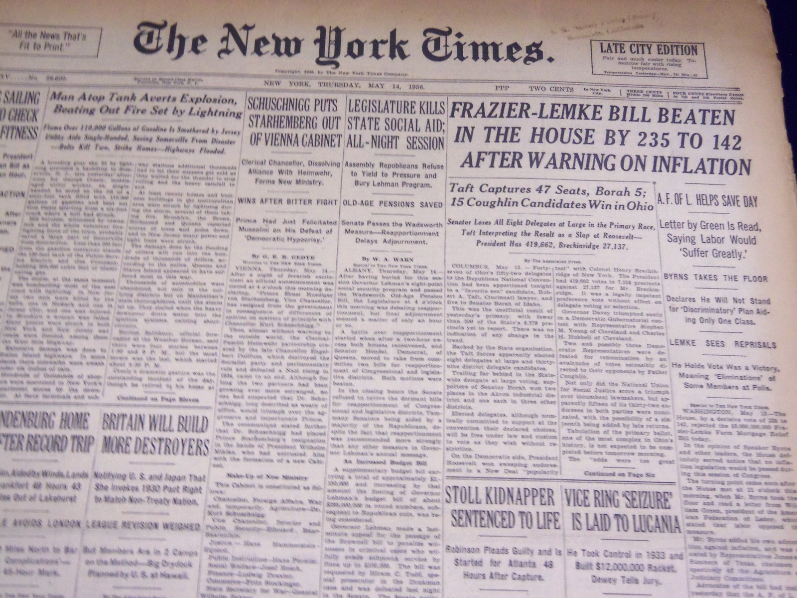 1936 MAY 14 NEW YORK TIMES - FRAZIER-LEMKE BILL BEATEN IN THE HOUSE - NT 2116 1936 MAY 14 NEW YORK TIMES - FRAZIER-LEMKE BILL BEATEN IN THE HOUSE - NT 2116