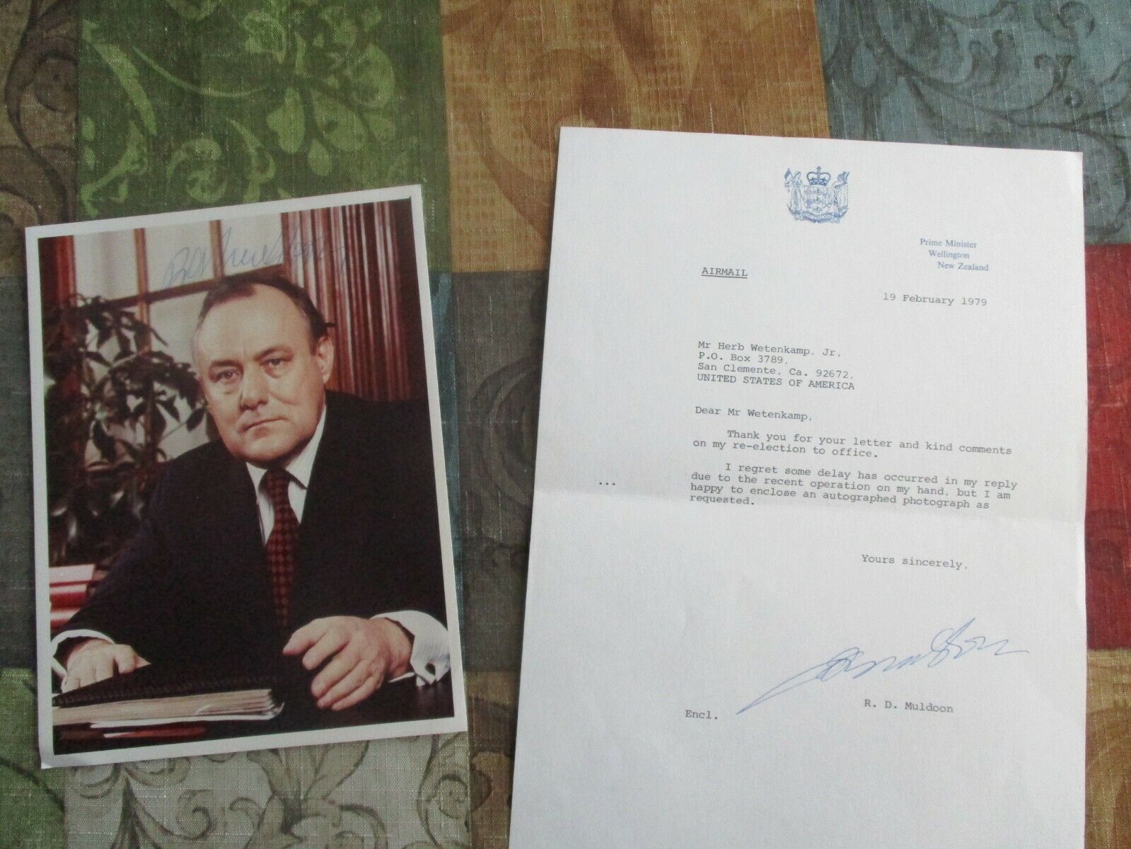 1979 EARLY R.D. Muldoon (Zealand Prime Minister),Signed YOUNG Photo & letter