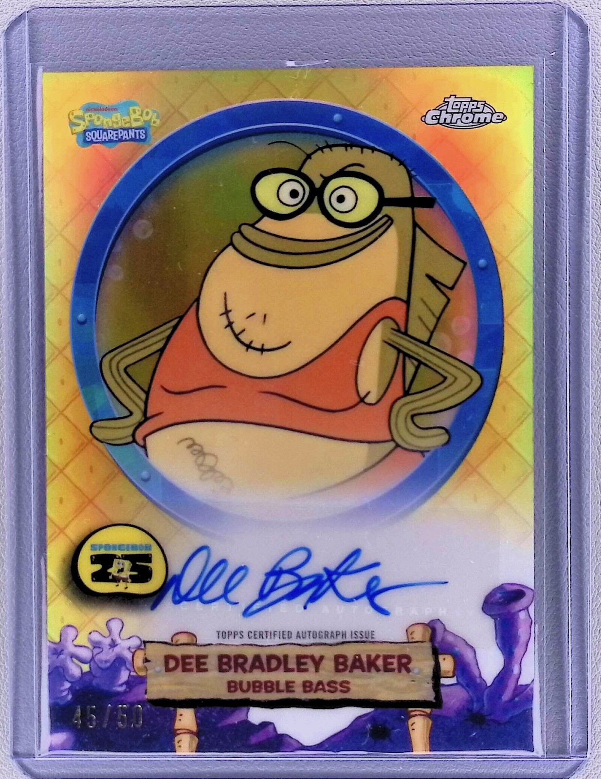 2025 Topps Chrome SpongeBob Bubble Bass Dee Bradley Baker Gold Auto /50 #SA-BB 2025 Topps Chrome SpongeBob Bubble Bass Dee Bradley Baker Gold Auto /50 #SA-BB
