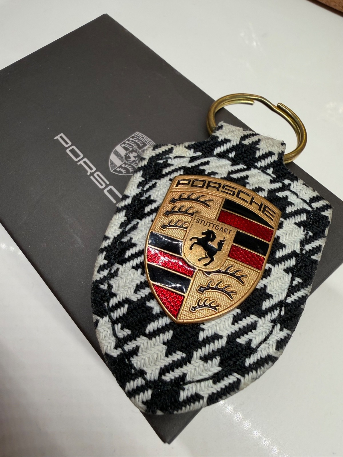 NEW OEM Porsche Pepita Crest Key Ring Fob Key Chain WAP0504060SWPP Black/White