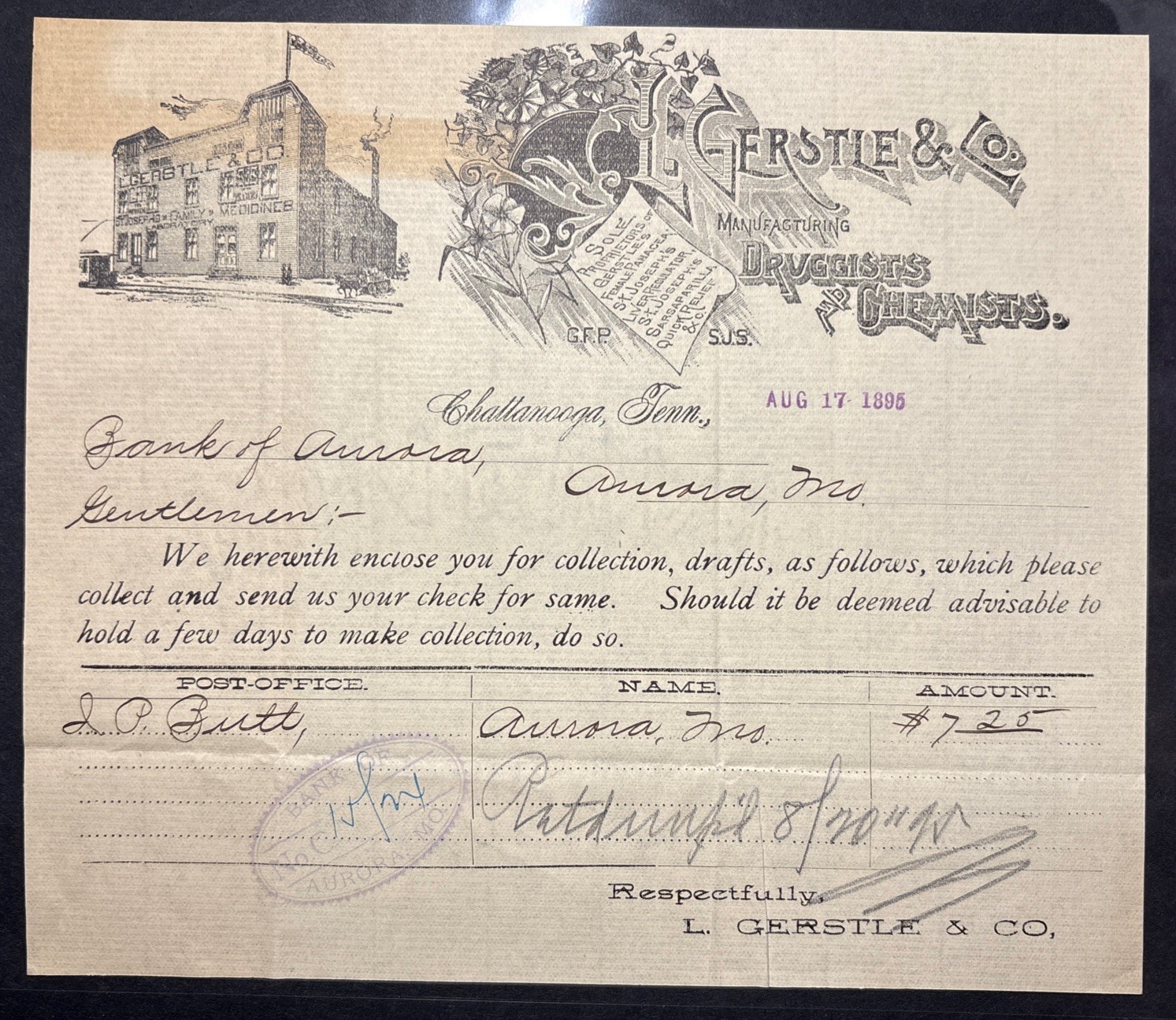 1895 L Gerstle Billhead, Chattanooga Tennessee Medicine Bank Ephemera Letter 1895 L Gerstle Billhead, Chattanooga Tennessee Medicine Bank Ephemera Letter