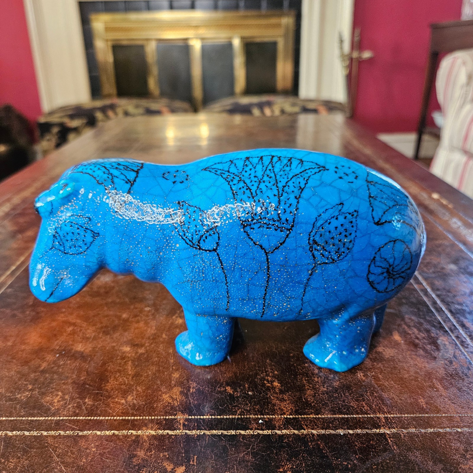 Vintage Blue Faience Hippo Figurine, Marked Italy, William The Hippo Style, 7.5" Vintage Blue Faience Hippo Figurine, Marked Italy, William The Hippo Style, 7.5"