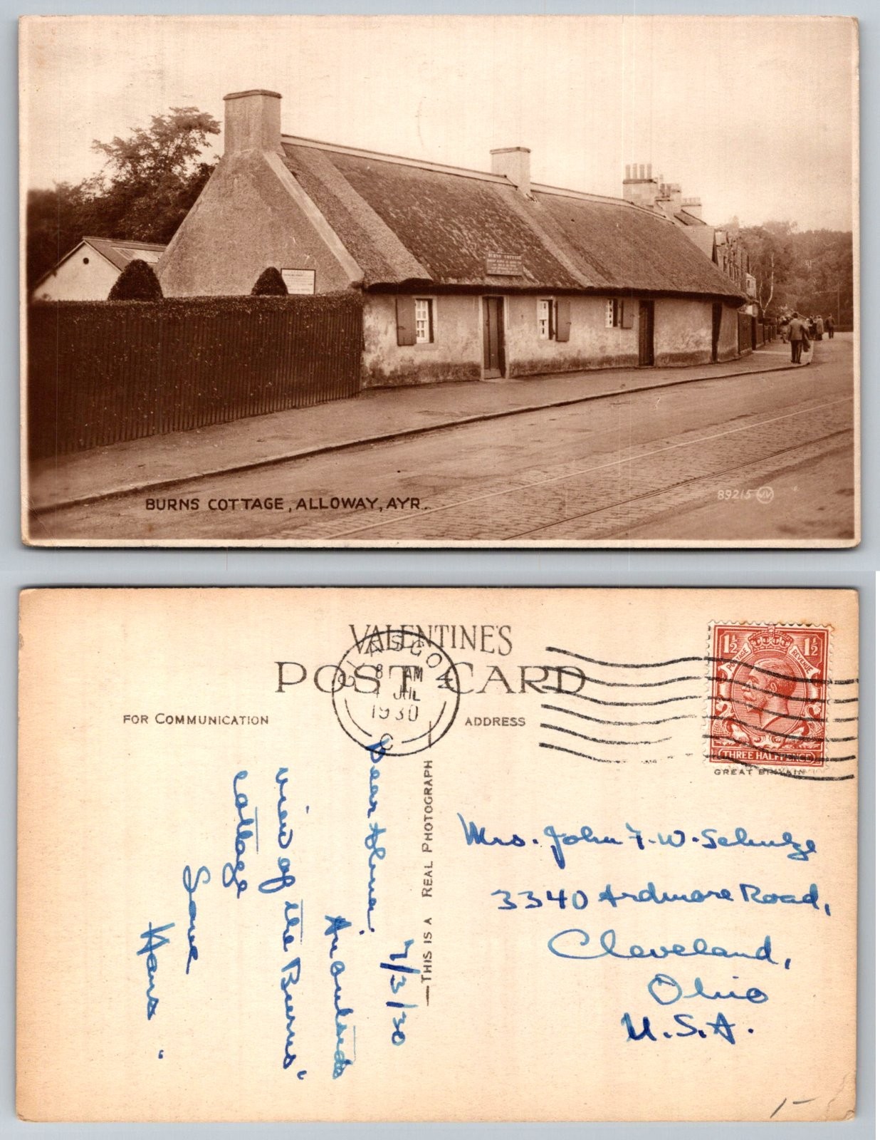 Burns Cottage Alloway Ayr Scotland Thatch Roof Valentine's Postcard