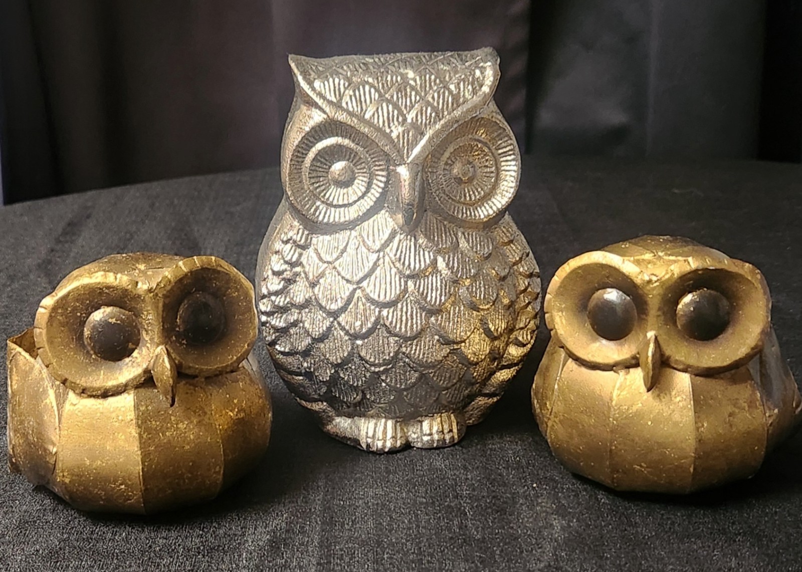 Vintage Mid Century Set of Owls - Two Brass - One Metal Alloy Vintage Mid Century Set of Owls - Two Brass - One Metal Alloy