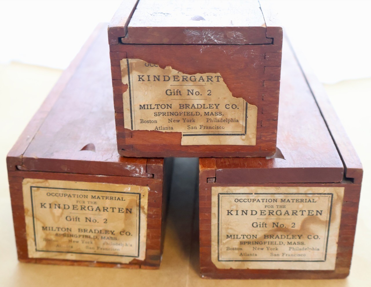 (3) Milton Bradley Co. Kindergarten Wood Occupation Material Boxes / Gift No. 2 (3) Milton Bradley Co. Kindergarten Wood Occupation Material Boxes / Gift No. 2