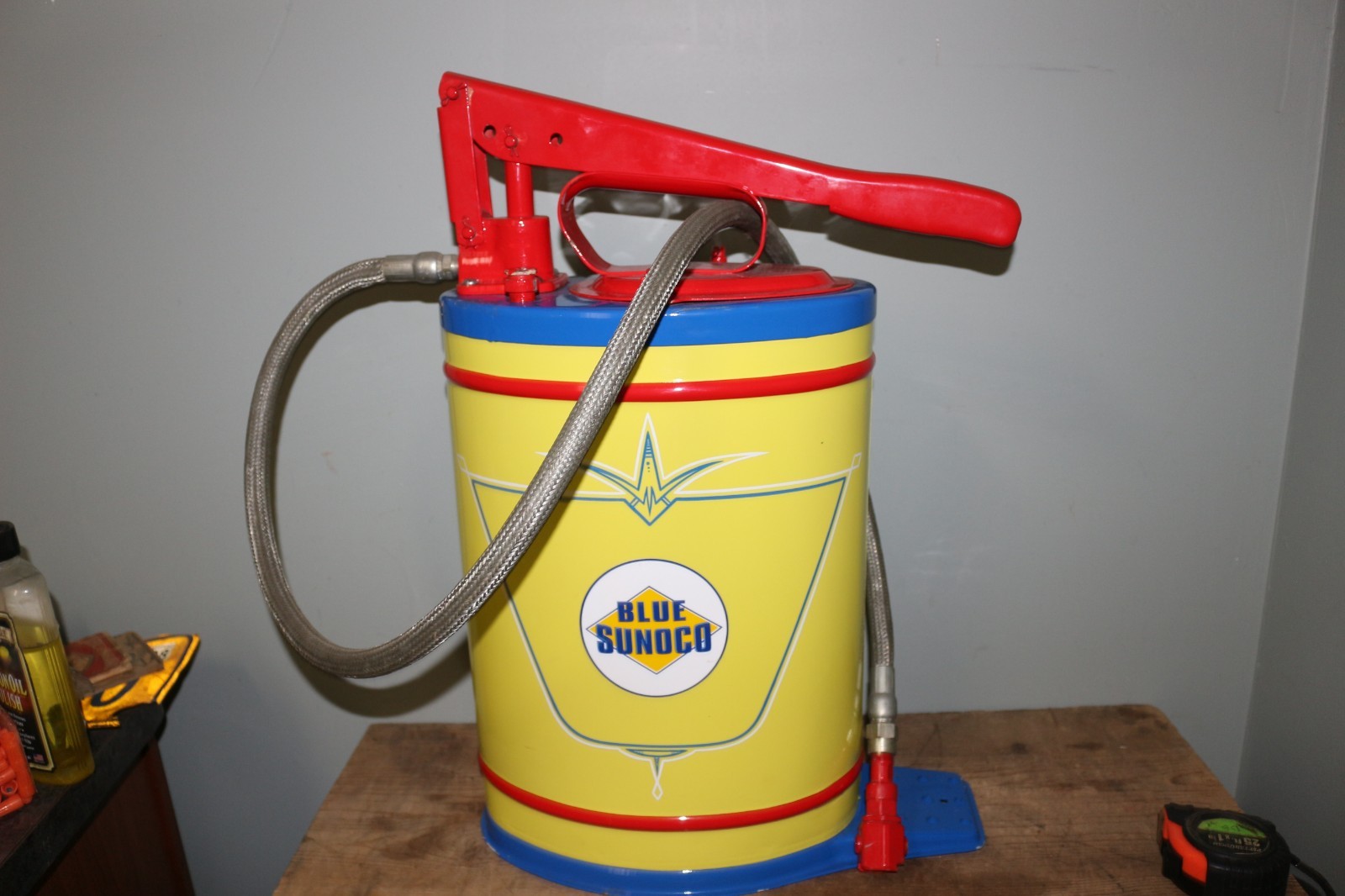 Vintage 1950's Blue Sunoco Gas Station Oil Grease Pump Lubester Can Sign NICE