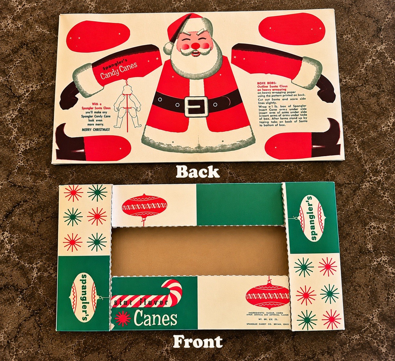 RARE 1950s Vintage SPANGLER'S Candy Canes Christmas Box Tray SANTA CLAUS Cut Out RARE 1950s Vintage SPANGLER'S Candy Canes Christmas Box Tray SANTA CLAUS Cut Out
