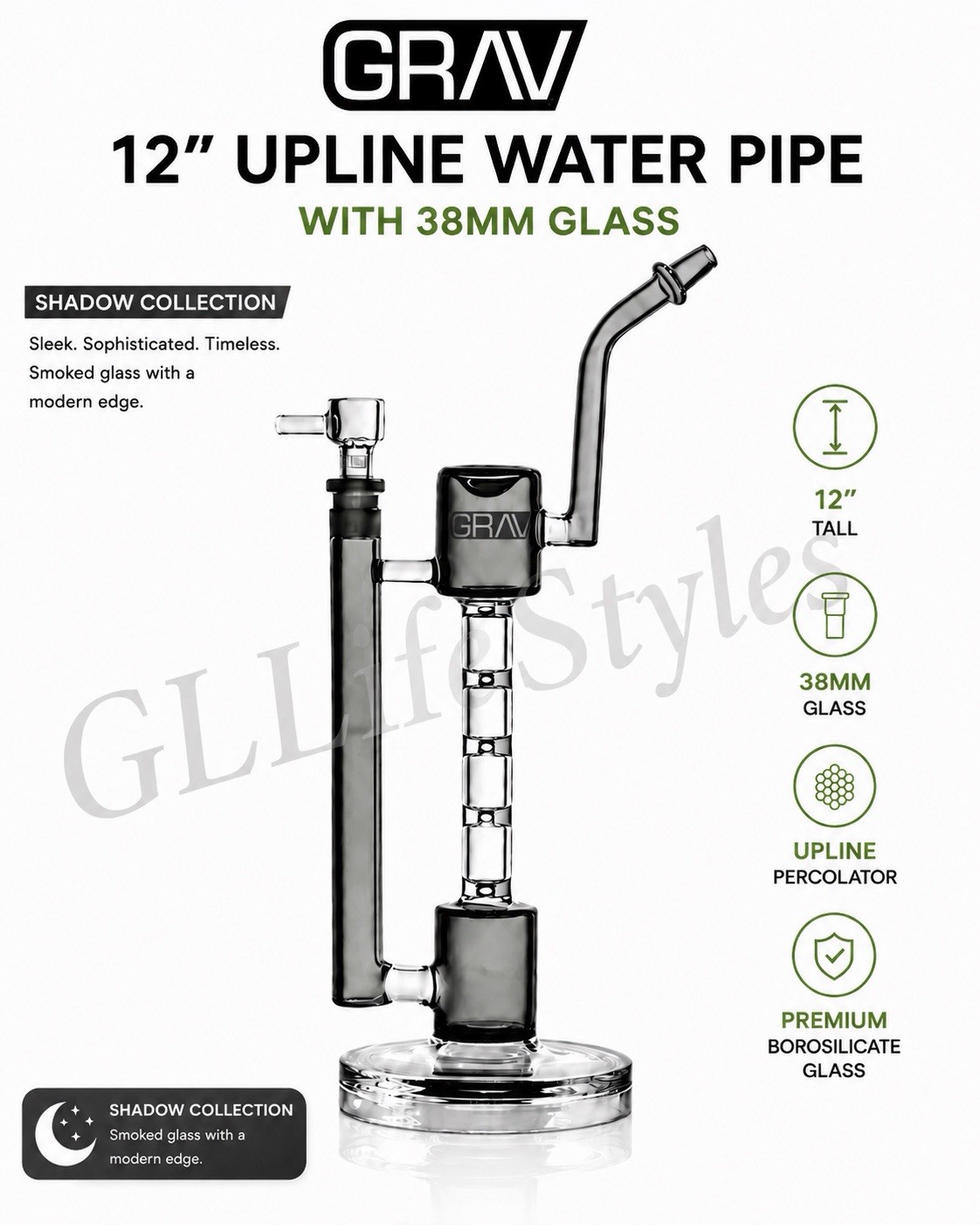 GRAV® Upline® 12” Water Pipe, Thick 38mm Glass Tubing, Shadow Collection Smoked GRAV® Upline® 12” Water Pipe, Thick 38mm Glass Tubing, Shadow Collection Smoked