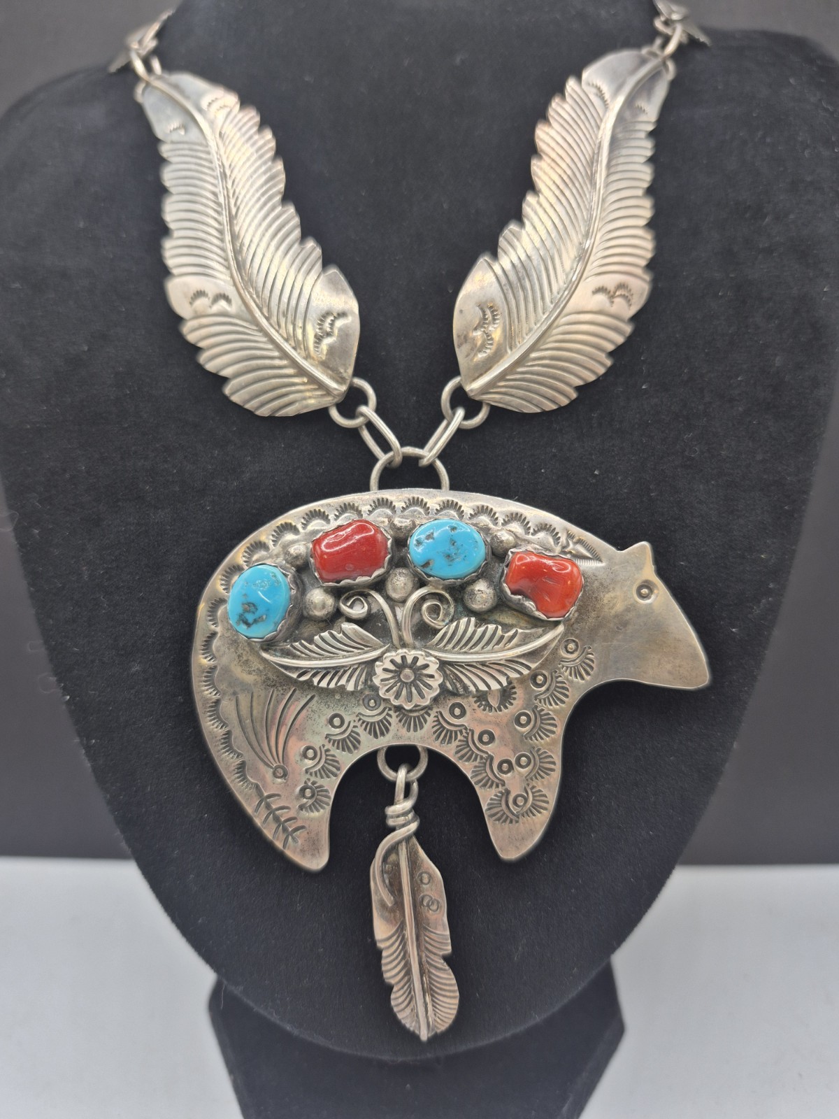 VTG LARGE Navajo A J Platero Sterling Silver Turquoise & Coral Bear Necklace VTG LARGE Navajo A J Platero Sterling Silver Turquoise & Coral Bear Necklace