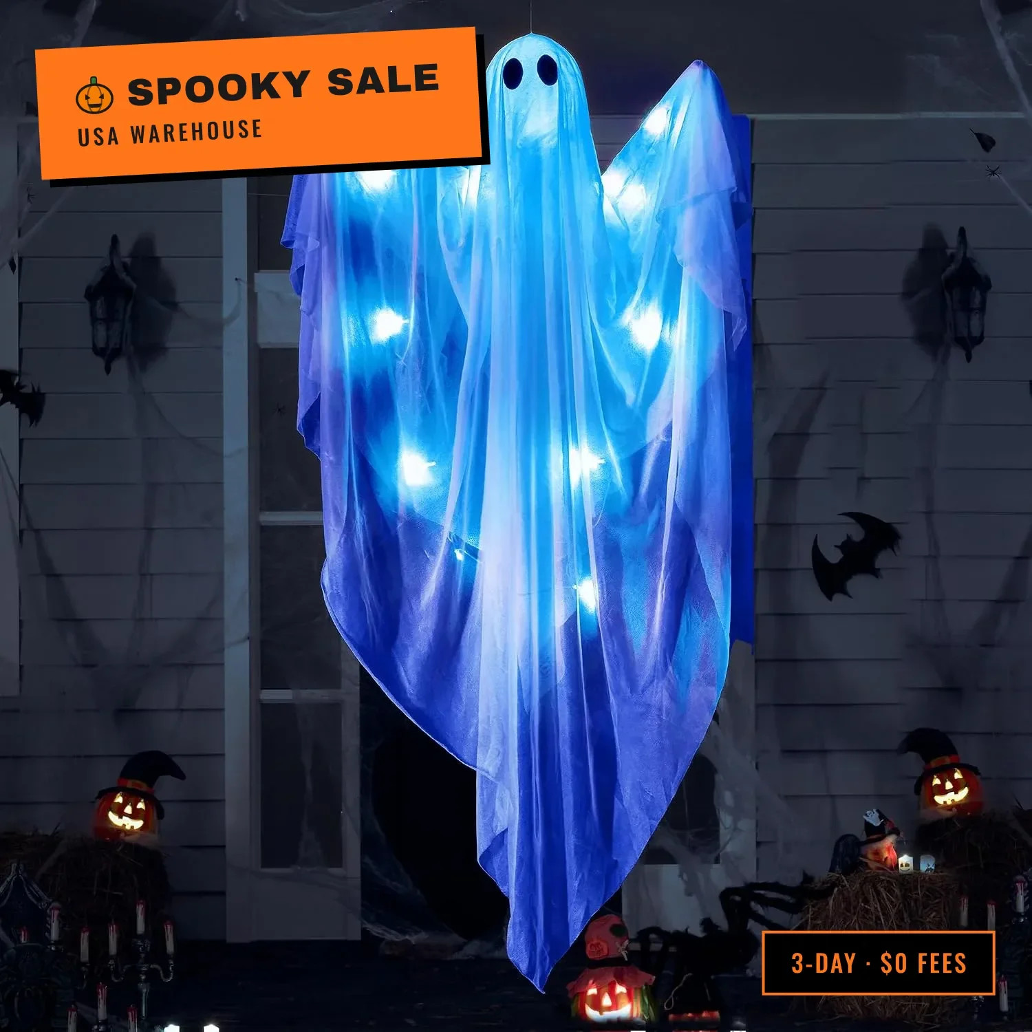 JOYIN Halloween Hanging Light up Ghost, 47" White Ghosts with Blue LED Light and