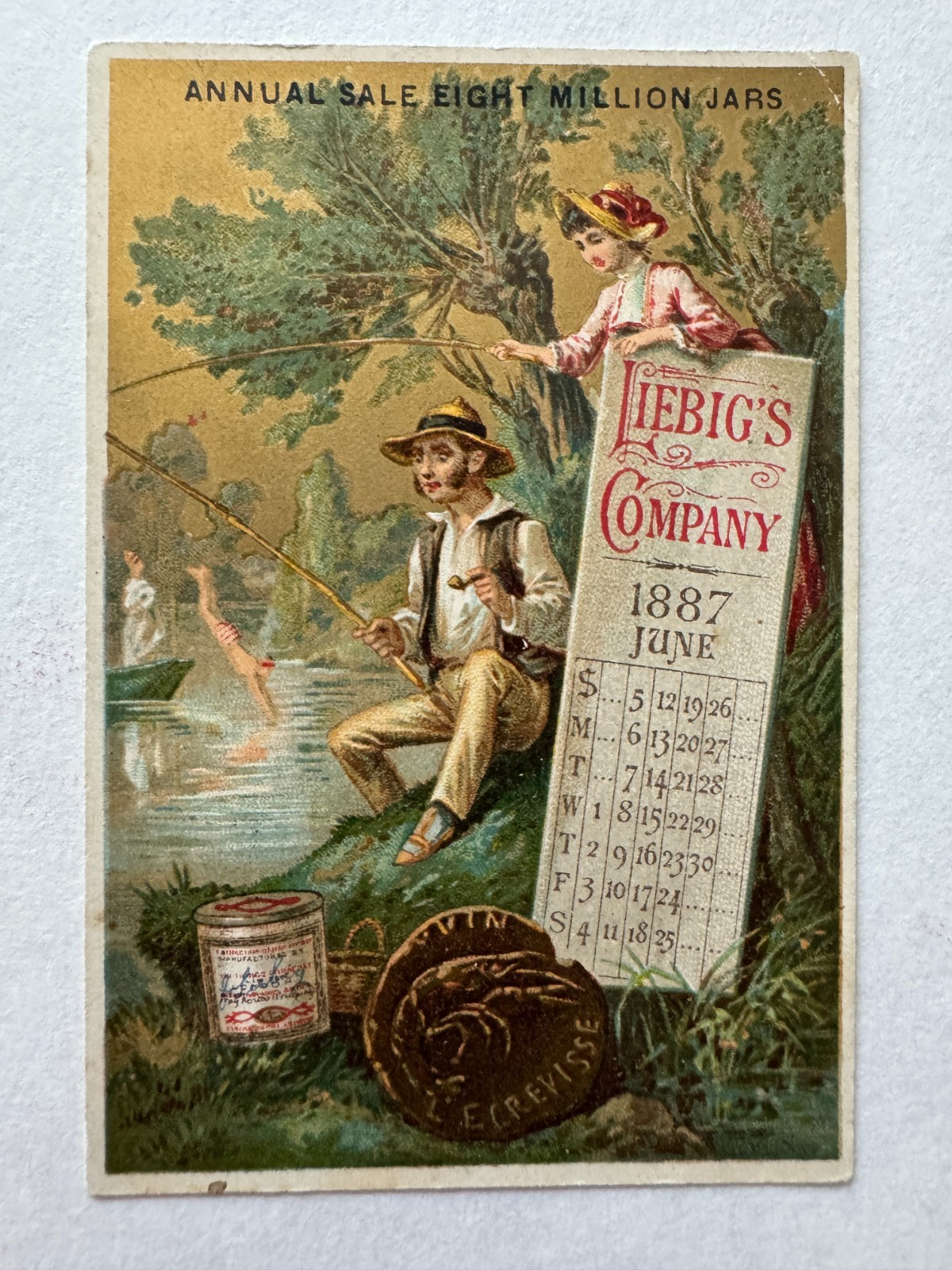 Vintage Victorian Trade Card Liebig Extract June 1887 Calendar fishing man women