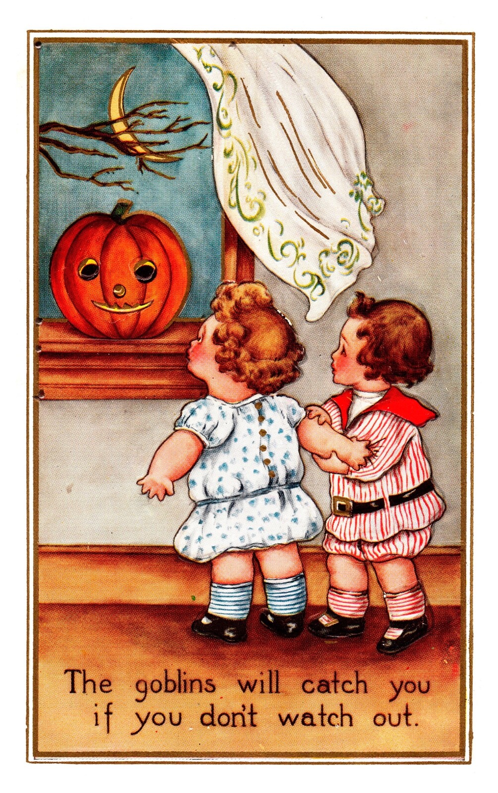 Vintage Whitney Adorable Scared Girl & Boy, JOL,Pumpkin, Moon Halloween Postcard Vintage Whitney Adorable Scared Girl & Boy, JOL,Pumpkin, Moon Halloween Postcard