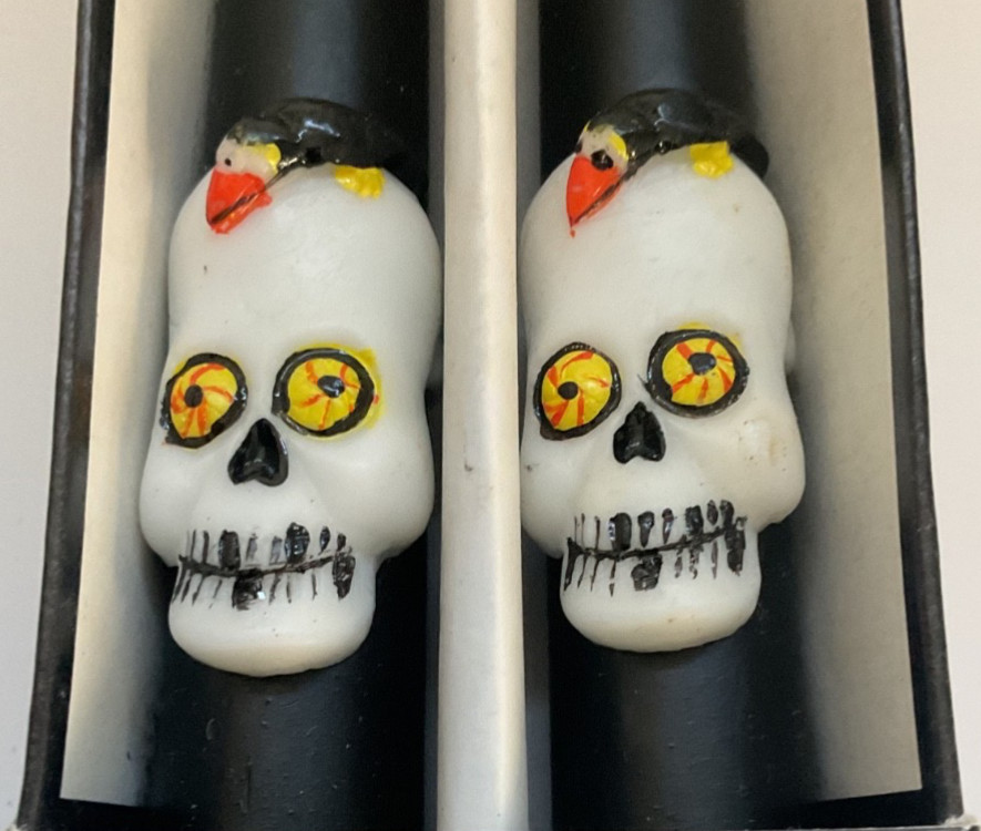 Vtg 1989 Halloween Skull Raven Black Taper Candles Skeleton Wax Gothic YDC 10" Vtg 1989 Halloween Skull Raven Black Taper Candles Skeleton Wax Gothic YDC 10"