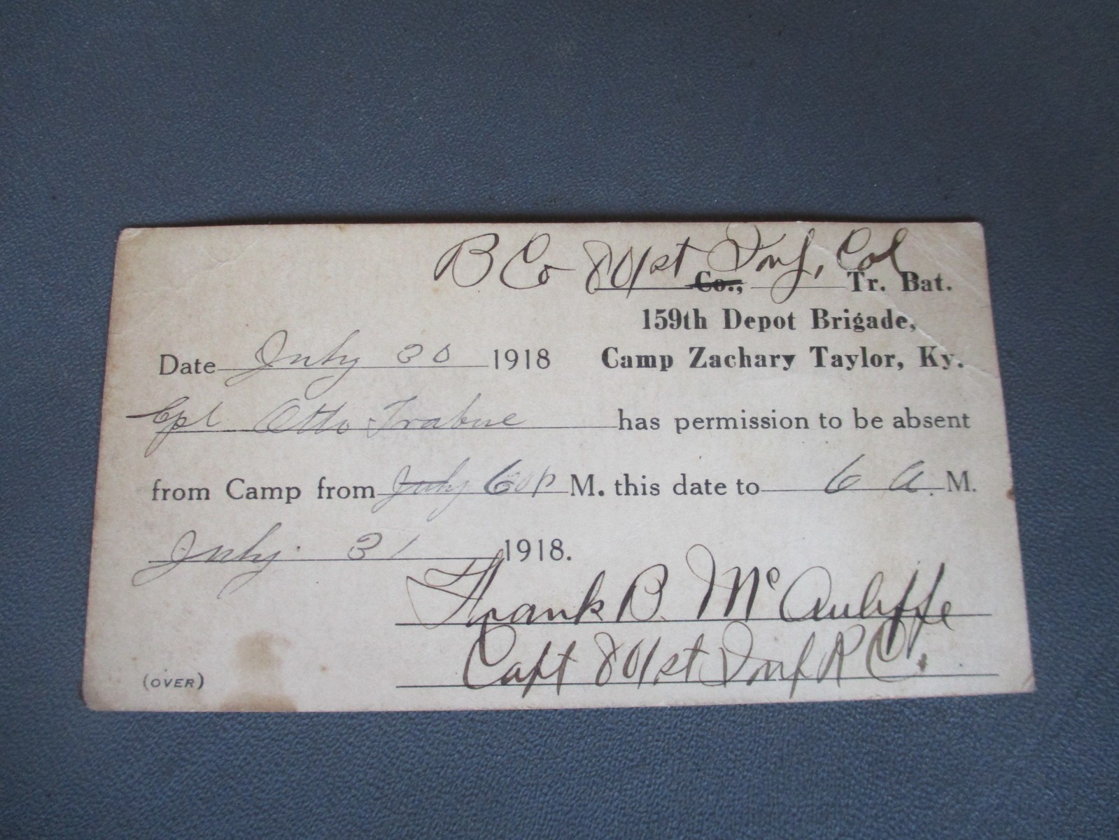 WWI, 1918, African American Soldier Camp Zachary Taylor Overnight Pass, Named WWI, 1918, African American Soldier Camp Zachary Taylor Overnight Pass, Named