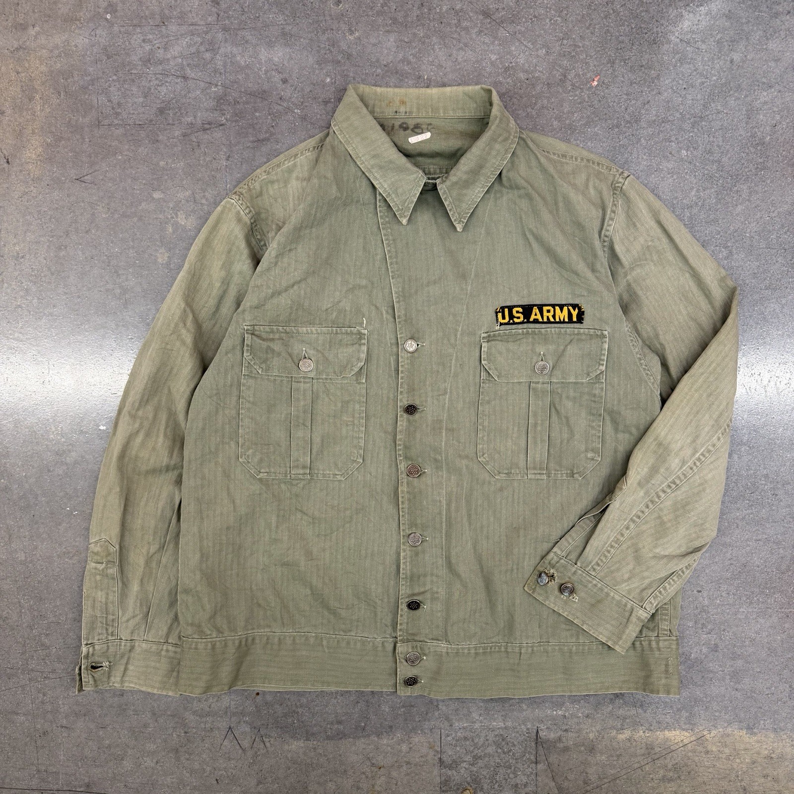 Vtg 1940s USGI M-1941 HBT Fatigue Jacket Stencil Markings 13 Star Buttons Olive Vtg 1940s USGI M-1941 HBT Fatigue Jacket Stencil Markings 13 Star Buttons Olive