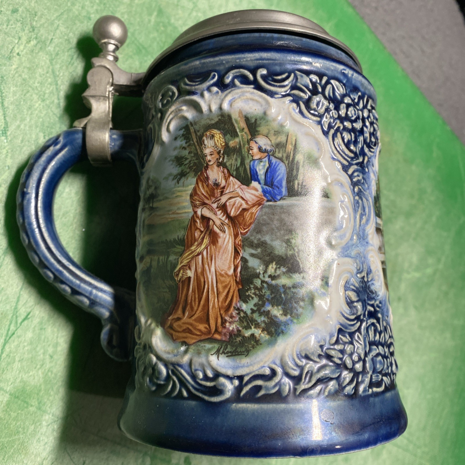 Vintage Marzi & Remy German Stein Pewter Lid Stoneware Blue Floral Scrolls Vintage Marzi & Remy German Stein Pewter Lid Stoneware Blue Floral Scrolls
