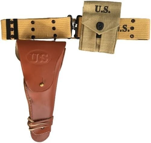 Combo Set M1911 Leather Colt .45 Hip Holster, Webbing Belt and Colt Pouch- TAN