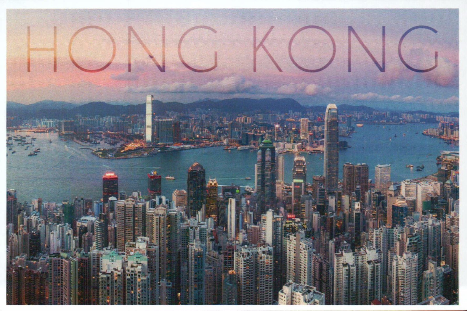 Hong Kong China, Aerial View of City & Harbor, Buildings, Sky -- Modern Postcard Hong Kong China, Aerial View of City & Harbor, Buildings, Sky -- Modern Postcard