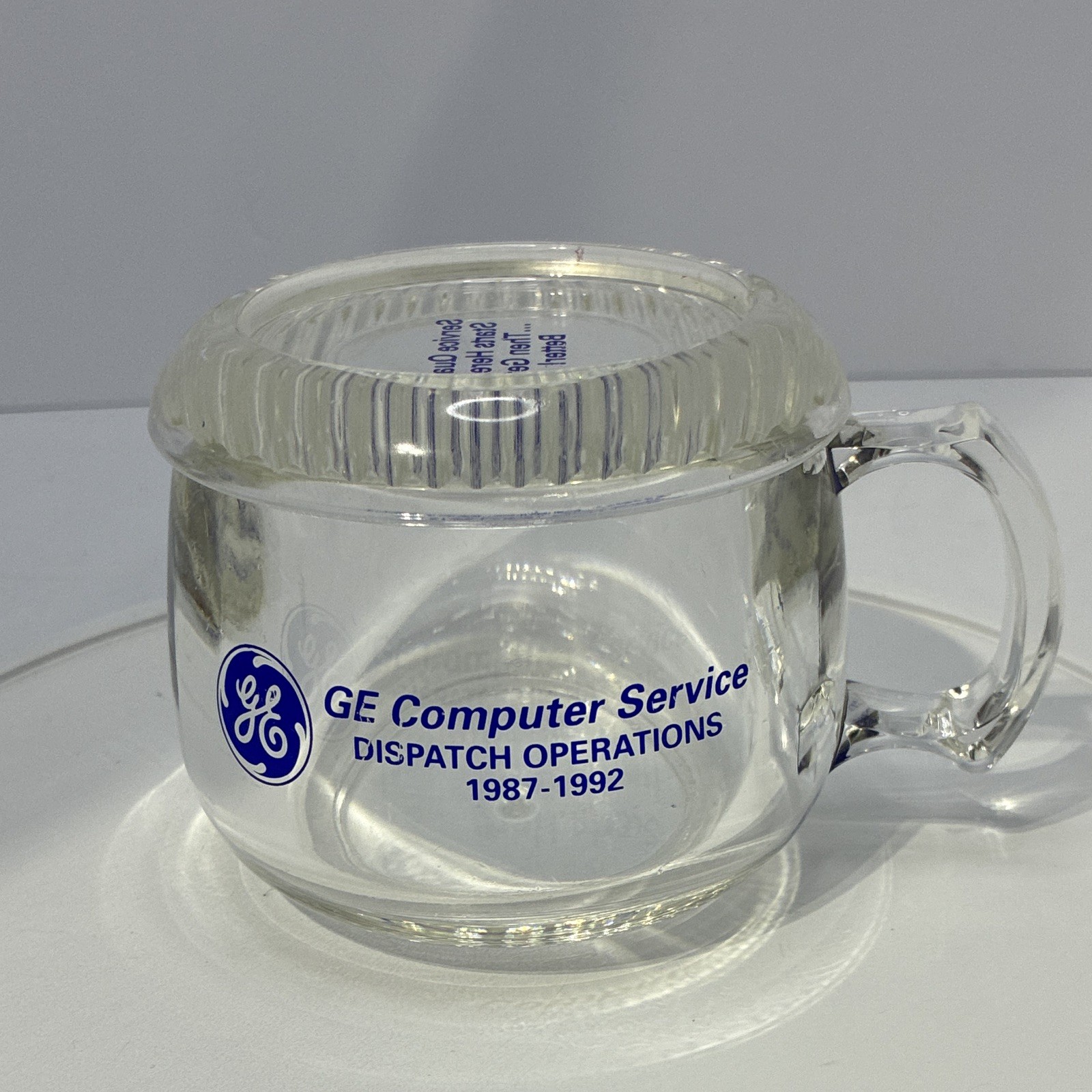 GE Computer Service Dispatch Glass Advertising Mug 1987-1992 Clear VTG GE