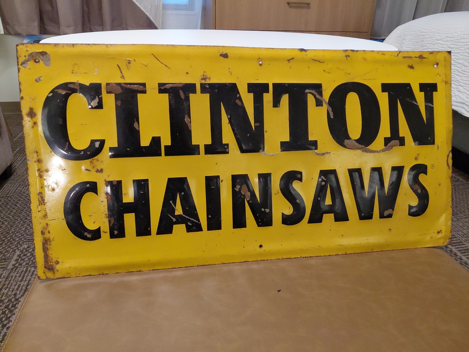 c.1950s Original Vintage Clinton Chainsaws Sign Metal Embossed Farm Halloween c.1950s Original Vintage Clinton Chainsaws Sign Metal Embossed Farm Halloween