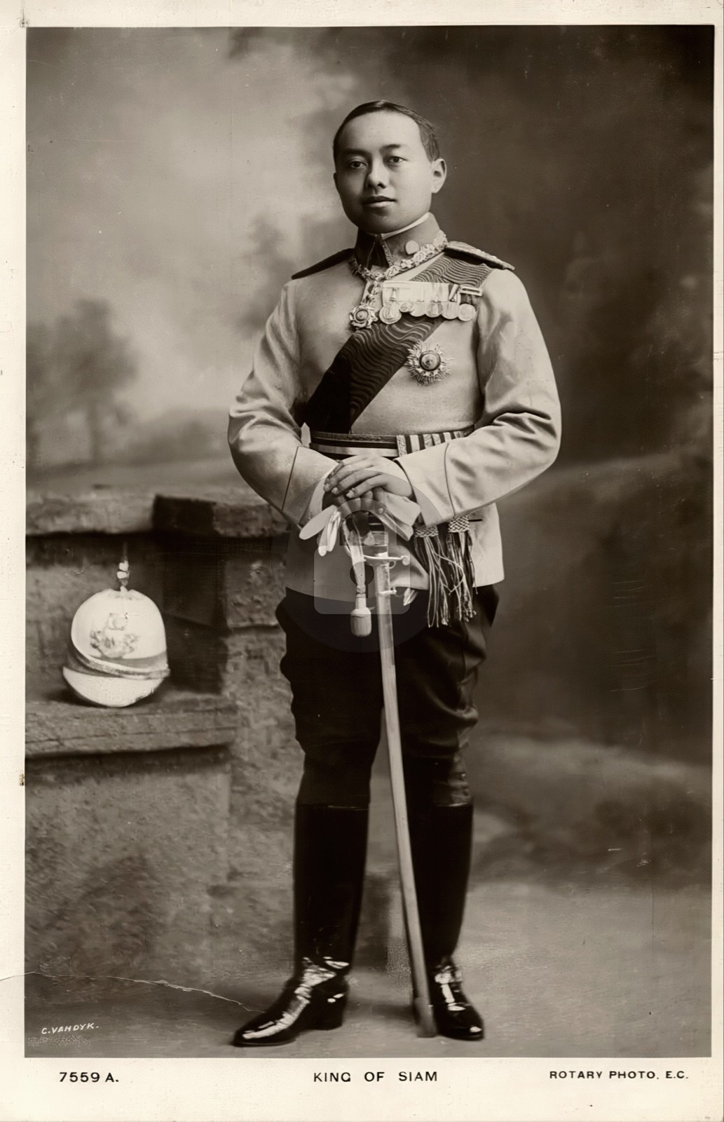 Siam Thailand King Rama VI Vajiravudh in Uniform Medals (1910s) RPPC COPY