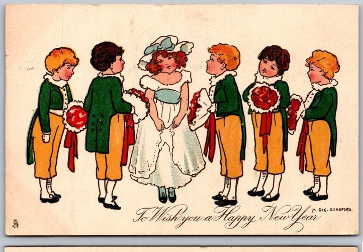 Tuck Sandford~Victorian Children w. Flowers~Antique 1907 New Year Postcard~r673