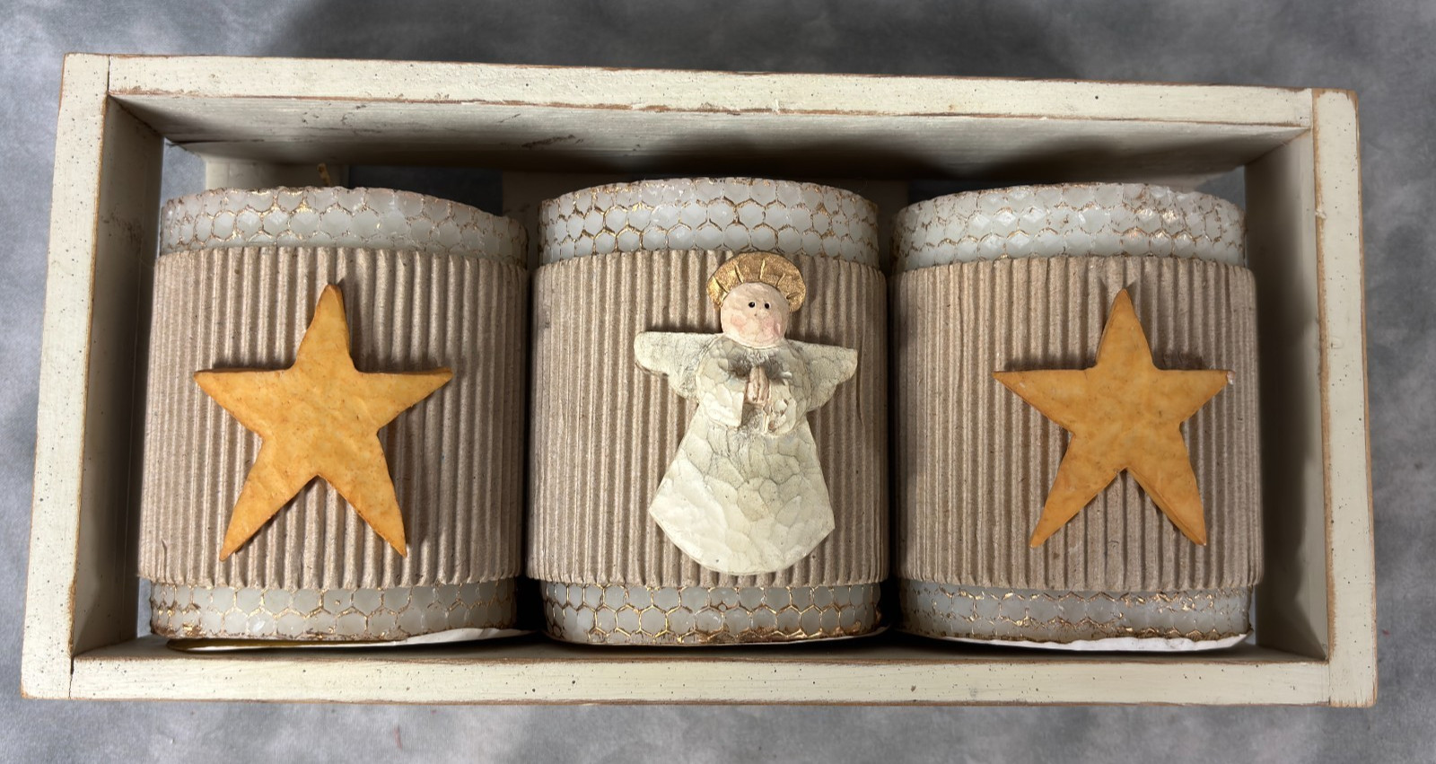 2000s Vtg Christmas Angel Star Pillar Candle Set Wood Box 2000s Vtg Christmas Angel Star Pillar Candle Set Wood Box